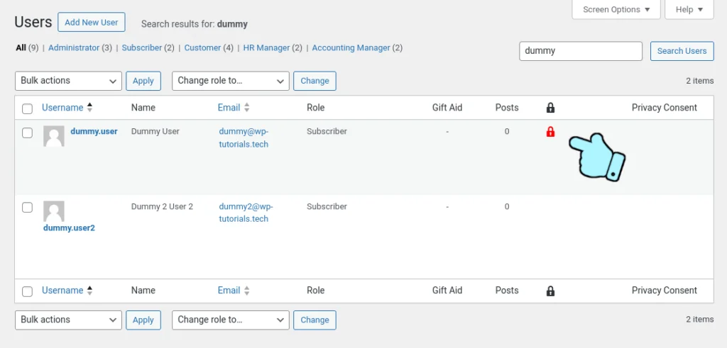 Admin users table with a column showing locked-out users